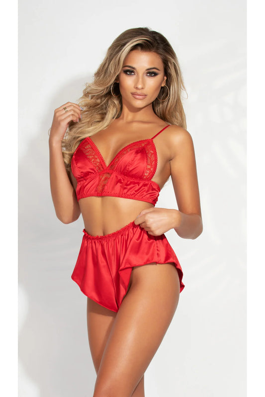 Seven 'til Midnight Two piece satin and lace long line bralette and tap short set 11244 Rood